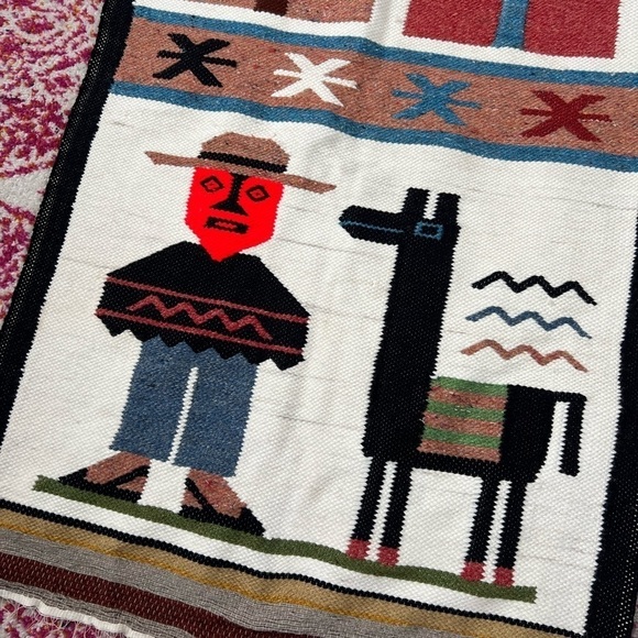 Vintage Peruvian Weave Hook Rug Tapestry South American Alpaca Andes Farmer - Picture 2 of 5